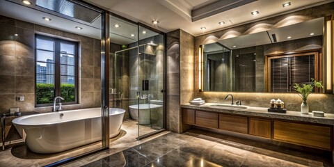 Fototapeta premium Dark hotel bathroom with glass shower, tub, double sink, and window , luxury, elegant, modern, interior design, contemporary