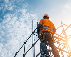 Construction worker in safety gear standing on scaffolding, looking up at the sky.