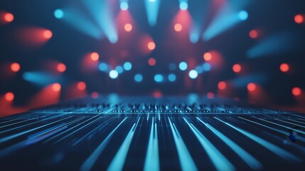 Abstract futuristic background with glowing lines and colorful bokeh lights.