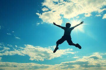Fototapeta premium Excited person jumping high in the sky under the bright sunlight with scattered clouds