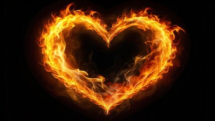 A glowing fiery heart shape burning brightly in the darkness at night , passion, love, fiery, bright, glowing, heart