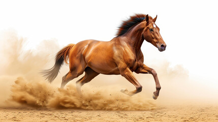 Obraz premium A striking depiction of a brown horse galloping through dust and sand, perfect for posters, flyers, or digital displays.