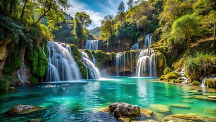 Tranquil waterfall in Huancaya, surrounded by lush greenery and crystal-clear waters, Huancaya, natural refuge