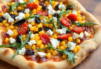 a gourmet pizza with colorful toppings including golden corn kernels, sun-dried tomatoes, goat cheese crumbles, and arugula served on a stone-baked crust