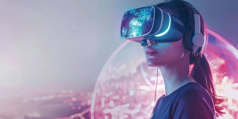 woman using VR with transparent background of planet earth, with area copy space