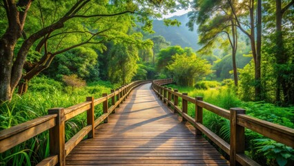 Tranquil wooden walkway leading through lush greenery to a picturesque landscape, Tranquility, Pathway, Wooden, Walkway