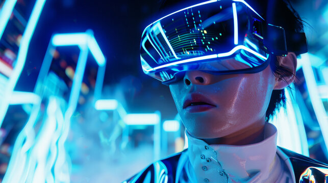 A 3D man wearing VR glasses stands in abstract cityscape with silver and white neon lights for futuristic sci-fi technology cyberpunk cool background