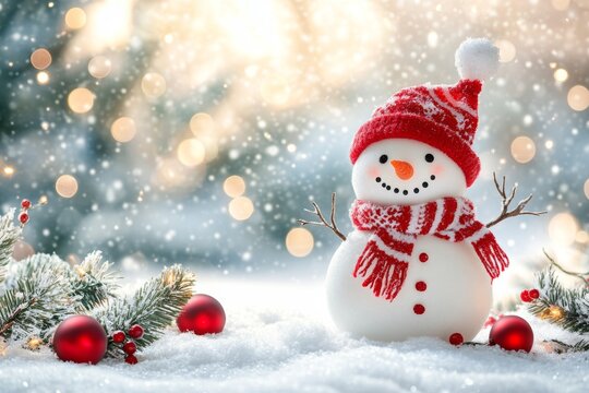 Cheerful snowman in a winter landscape with festive decorations spreading holiday joy and greetings for Christmas and New Year celebrations