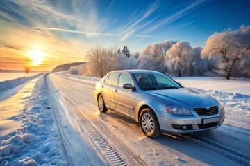 Snow-covered sedan parked alone on a deserted winter road, frosty windshield and icy mirrors gleaming in the pale