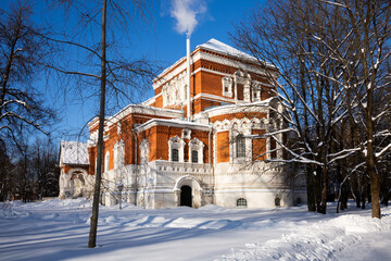 Picturesque winter landscape overlooking historic building of Museum of Crystal in Russian town of...