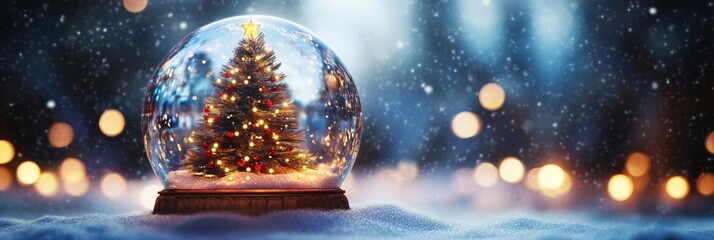 A shiny Christmas tree surrounded by falling snow in a decorative snow globe on a winter evening