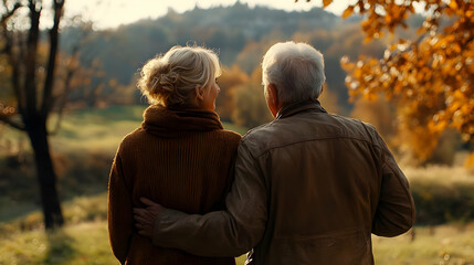 Fototapeta premium Senior couple in love, walking in an autumn forest.