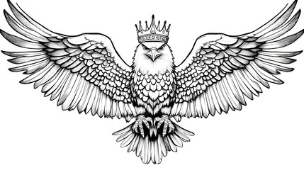 Obraz premium Intricate Sketch of an Eagle with a Crown on Its Head and Bat Wings, Designed as a Tattoo Concept. Combining Regal and Gothic Elements for a Unique and Bold Design.