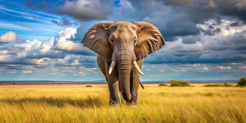 Fototapeta premium A majestic elephant standing gracefully in the savannah, wildlife, African, animal, tusks, trunk, mammal, safari, nature