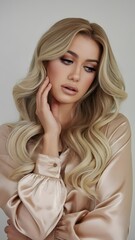 Fototapeta premium Beautiful Woman with Long Blonde Hair in Silk Blouse