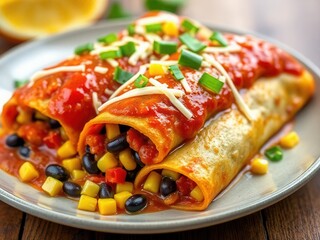 A serving of vegan vegetable enchiladas filled with black beans, corn, bell peppers, and topped with a rich tomato sauce and vegan cheese