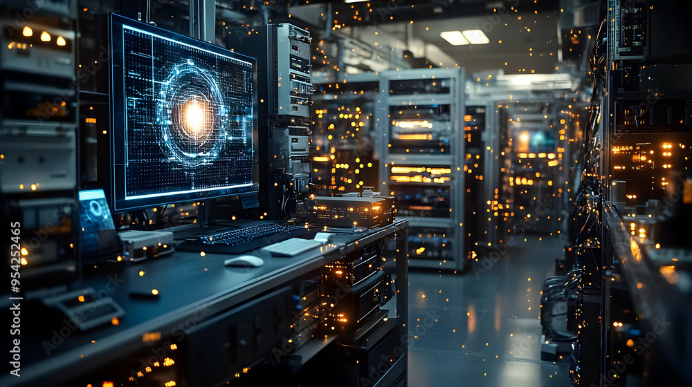 Poster server room with a computer showing a glowing circle.