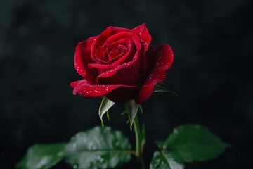 A stunning red rose opens gracefully, revealing its velvety petals and glistening droplets