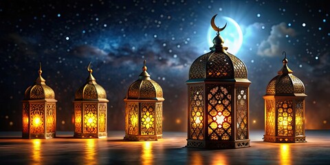 Obraz premium Islamic Eid Mubarak and Eid al-Adha lanterns shining in the dark night , Islam, celebration, Eid Mubarak, Eid al-Adha