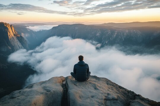 A serine view at sunrise with a lone person sitting on mountain peak above clouds
