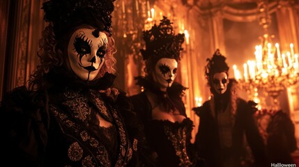 "Halloween" a family of vampires hosting a lavish, candlelit ball in an ornate, Gothic-inspired manor, their opulent, hand-embroidered costumes and masks creating a captivating.