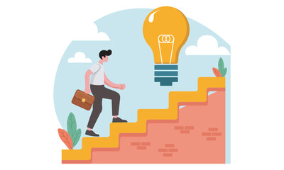 Illustration Man or Woman, Walk on Stairs, Getting New Idea	