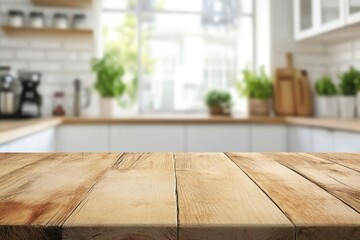 kitchen table background, wood counter top on blur of white clean abstract home interior with bokeh. used for display or montage your wooden for dining background. table banner, ai