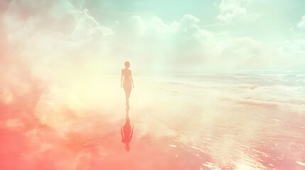 Silhouette of a woman walking on a beach with soft light and clouds.
