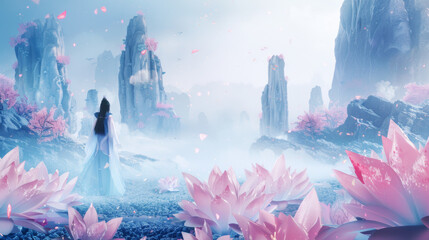 3D illustration of an anceint Chinese woman wearing Hanfu dress standing in moutains sea water with clouds and pink flowers in blue background