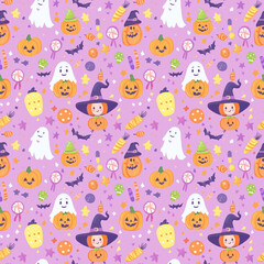 Seamless Halloween pattern with ghosts, pumpkins, and candy on a pastel purple background