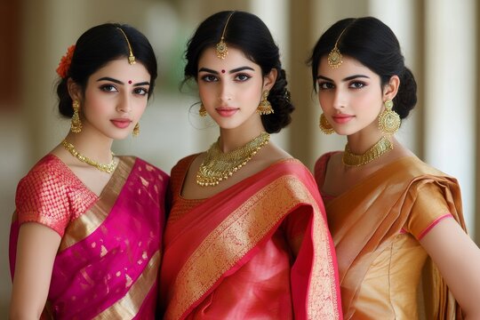 Three beautiful Indian models showcasing elegant traditional sarees in a cultural setting during a vibrant festive celebration
