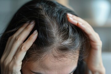 Fototapeta premium A woman with a bald spot on her head is holding her head in her hands