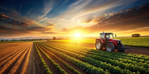 Tractor driving through sunlit field of crops, agriculture, farming, rural, crop field, tractor