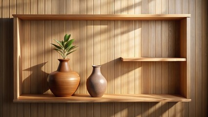 Wooden shelf in room with showcase filled with brown vase and flowerpot, casting shadows on the wall, wood, shelf, room