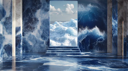 Oceanic opulence: a backdrop of a blue ocean accentuating a luxurious blue and white marble wall, a symphony of aquatic beauty. Glacier. Illustration