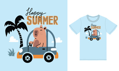 Cute capybara driving car illustration with tshirt design premium vector