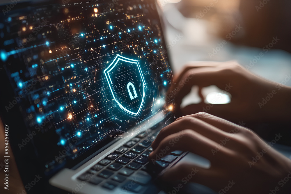 Poster cyber security and data protection, internet network security, 3d rendering