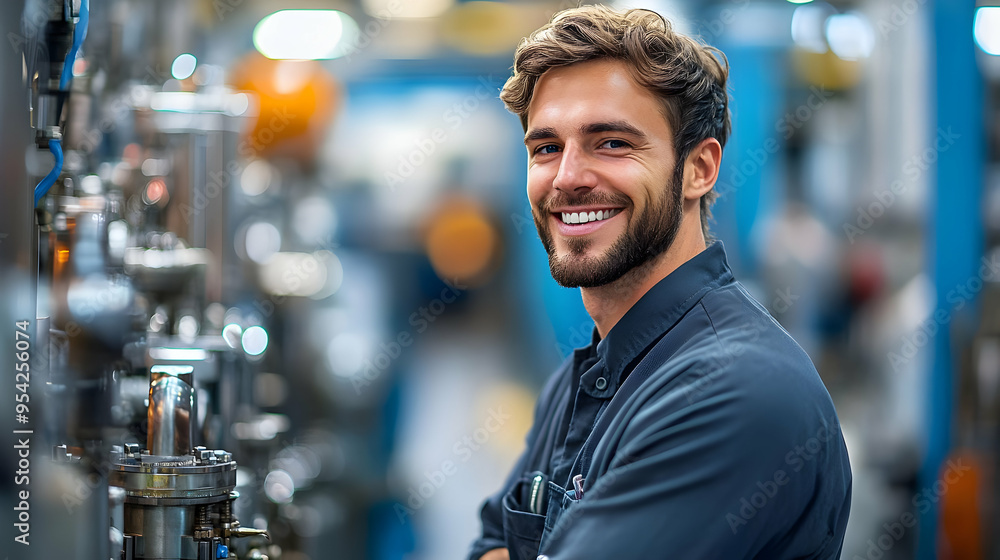 Poster smiling factory worker standing in front of machinery.