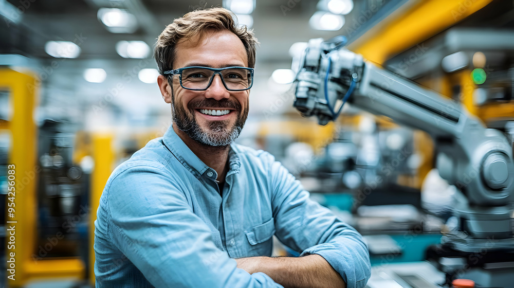 Poster smiling factory worker with a robotic arm in the background.