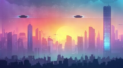 Fototapeta premium Futuristic Cityscape with Flying Cars and a Sunset Glow