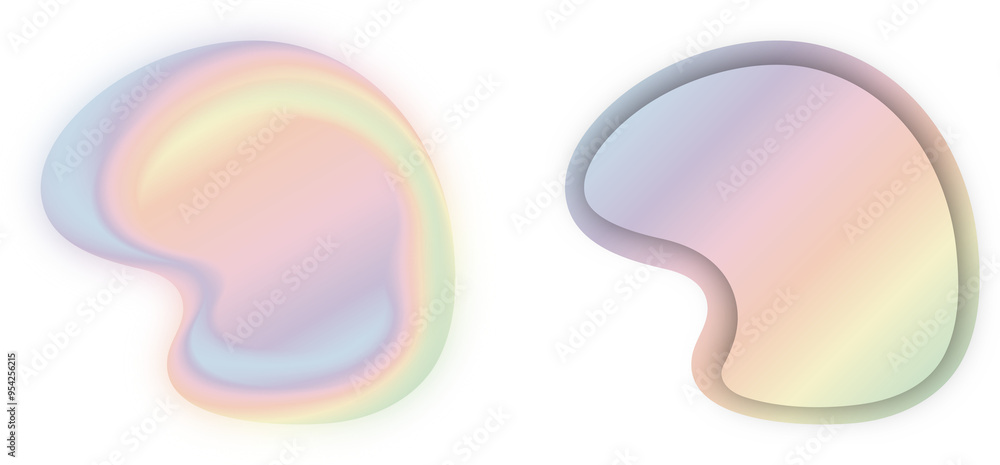 Wall mural pastel holographic gradient blobs with glowing effect and smooth shapes, isolated clipart set
