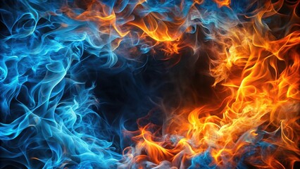 Fototapeta premium Fractal background of orange and blue flames, fractal, background, flames, orange, blue, abstract, fiery,design, heat, energy