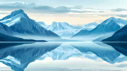 Fototapeta premium Blue mountain landscape illustration, serene alpine peaks reflecting in calm lake water, minimalist winter mountain scenery with soft clouds