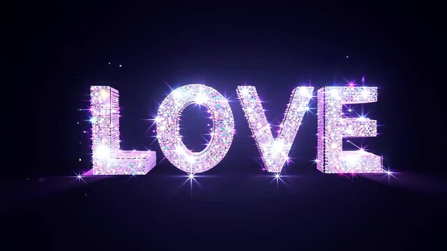 Glowing neon 'love' text with electric sparks, Vibrant purple romantic typography on dark background 4K 3D render