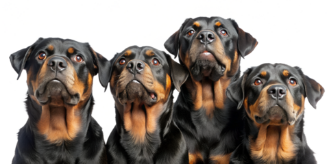 group of Rottweiler looking up isolated, transparent background, AI generated