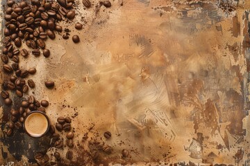 Coffee-themed backdrop with scattered beans and a cup, ideal for promotions and creative designs in a warm atmosphere