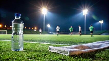 Close-up of water bottle and towel on soccer field with blurred players in background during night practice, soccer, field