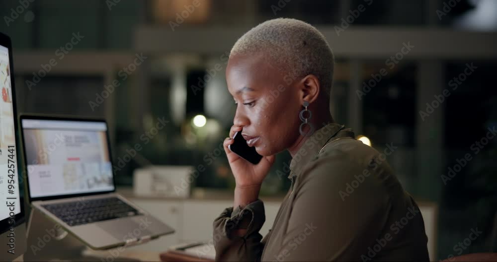 Poster computer, phone call and web design with woman developer in office at night for communication. conve