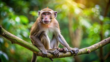 Naklejka premium Long-tailed macaque (Macaca fascicularis) perched on a tree branch in natural habitat , wildlife, tropical, primate