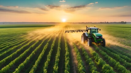 Obraz premium Drone view of a tractor spraying pesticides from the air over a green soybean plantation at sunset. Illustration of generative AI